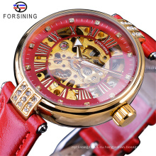 Forsining 188 Golden Skeleton Diamond Watch Design Красный ремешок из натуральной кожи Водонепроницаемые женские механические часы